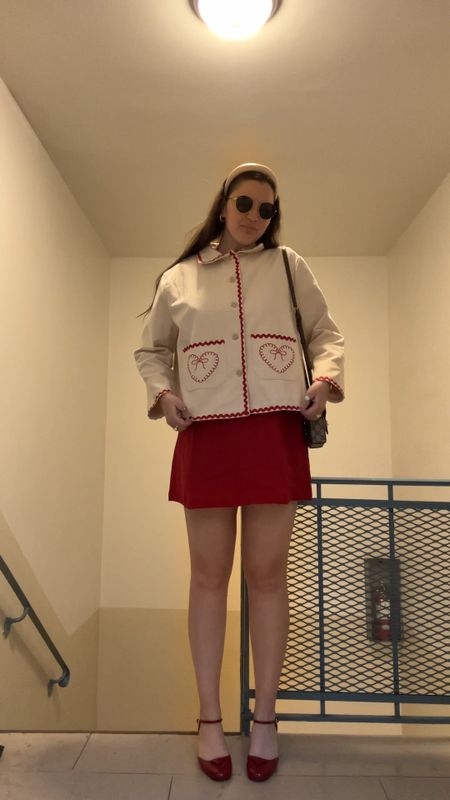 Sister Jane heart embroidered jacket in cream, asos, prada red Open-Sided Patent Leather Pumps, kitten heels, spring / summer, work outfit, office outfit, rayban round sunglasses, gold jewelry from Amazon (hoop earrings, rings), satin cream padded headband, amazon, hair accessories, budget friendly, affordable, Reformation Citron Linen Dress in red / cherry, mini dress, Gucci Horsebit 1955 mini bag, fall / winter, spring / summer, new arrival, designer handbags, crossbody bag

#LTKFindsUnder50 #LTKFindsUnder100 #LTKStyleTip