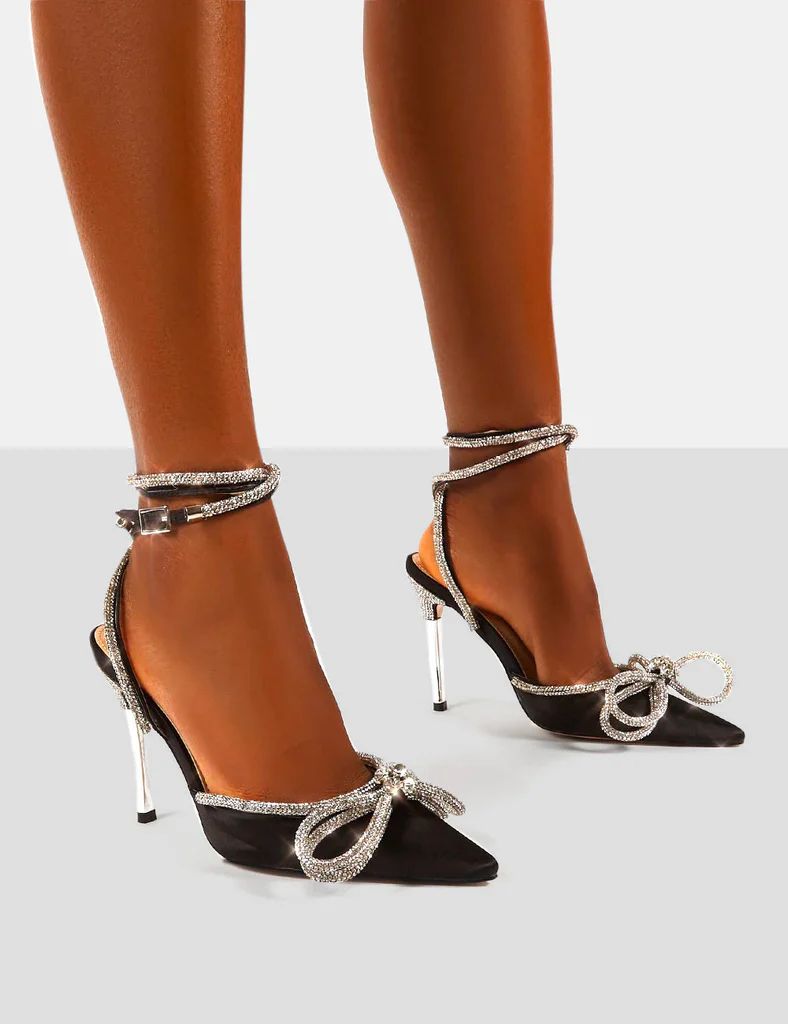 Midnight Black Wrap Around Diamante Bow Pointed Toe High Heel | Public Desire (US & CA)