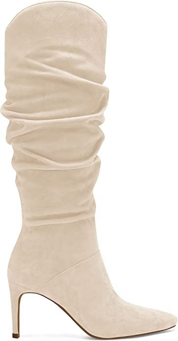 Womens Knee High Boots Faux Suede Almond Toe Stiletto High Heel Slouchy Side Zipper Booties | Amazon (US)