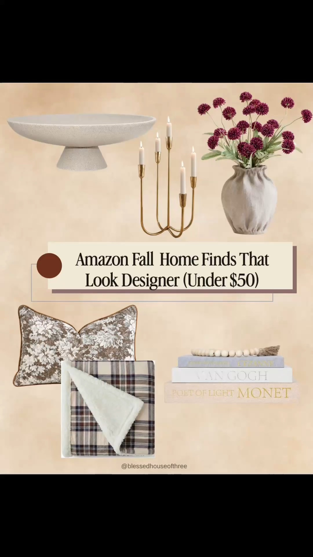 Amazon fall home decor finds under $50 that look so much more expensive! 🍂 If you love the designer look for less, these affordable Amazon home finds are perfect for creating a warm, cozy, elevated home this fall without spending a fortune!

I found the prettiest neutral and vintage-inspired fall decor, including decorative pedestal bowls, brass candleholders, floral throw pillows, cozy plaid blankets, faux fall florals, vintage-inspired wall art, decorative books, accent lamps, and beautiful coffee table accessories.

These pieces are perfect for fall living room decorating, entryway console styling, cozy bedroom updates, shelf styling, coffee table decor, and creating that collected, high-end home aesthetic on a budget.

I especially love the mix of warm wood tones, aged brass, creamy neutrals, muted burgundy florals, and timeless textures. You don’t need to completely redecorate for fall—just a few thoughtful accents can make your home feel cozy, inviting, and beautifully styled.

Shop these Amazon fall home decor favorites under $50, all linked here! 🤎 Save for your next refresh and tap the bell to subscribe for more inspiration.