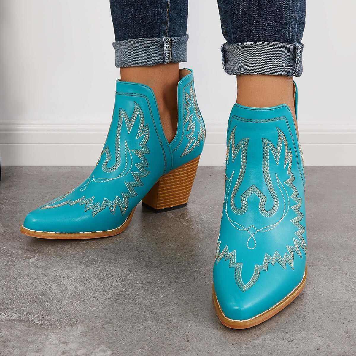 Western Ankle Cowgirl Boots Slip on Cutout Chunky Heel Booties | XINGZEZHI HK LIMITED