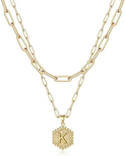 M MOOHAM Dainty Layered Initial Necklaces for Women, 14K Gold Plated Paperclip Chain Necklace Sim... | Amazon (US)