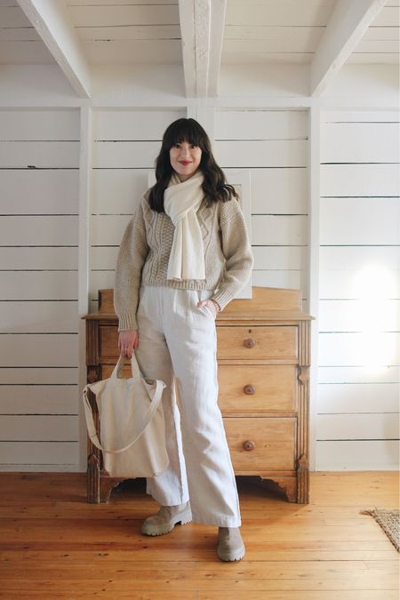Light, textured monochrome look from the Style Journal. 

Ivory Cashmere Scarf - old, linked to similar option 
Cable Knit Sweater - L’ENVERS - similar options linked
Vesta Pant - Reformation - True to size 
Tote bag - Baggu
Corticella Suede Boots - Maguire - Linked to similar


#LTKSeasonal