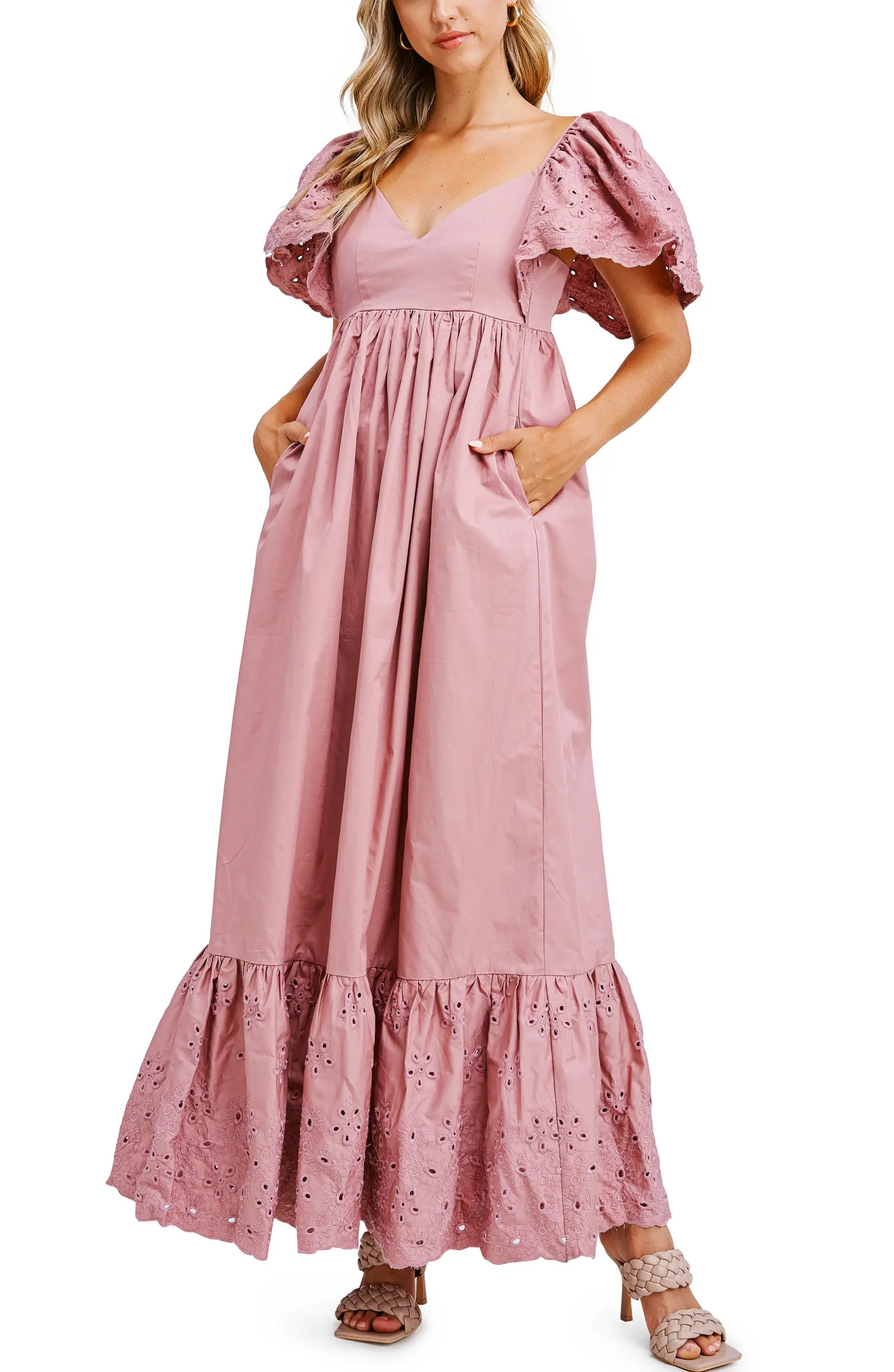 Eyelet Detail Flutter Sleeve Poplin Maxi Dress | Nordstrom