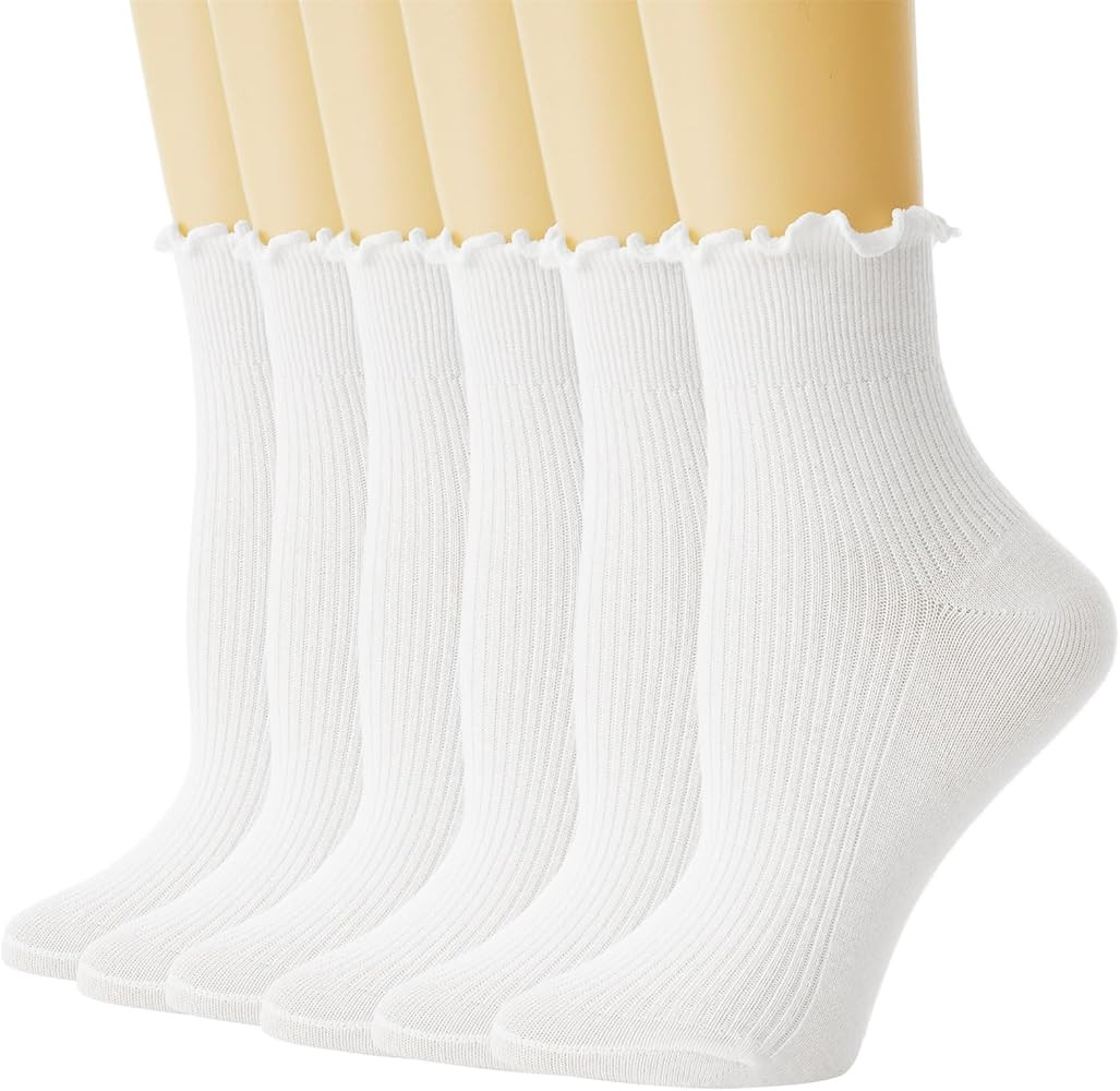 Womens Ruffle Socks, 6 Pairs Turn-Cuff Crew Socks, Cotton Frilly Ankle Socks, White Lettuce Edge ... | Amazon (US)