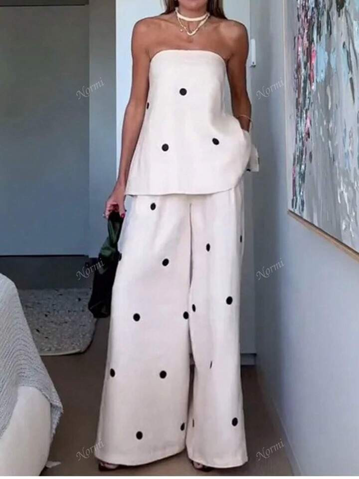 Dot Printed Sleeveless Jumpsuit For Women, Casual Wide Leg Pants, Elegant Woven Fabric With Metal Chain, Suitable For Casual, Beach, Date Night In Summer | SHEIN