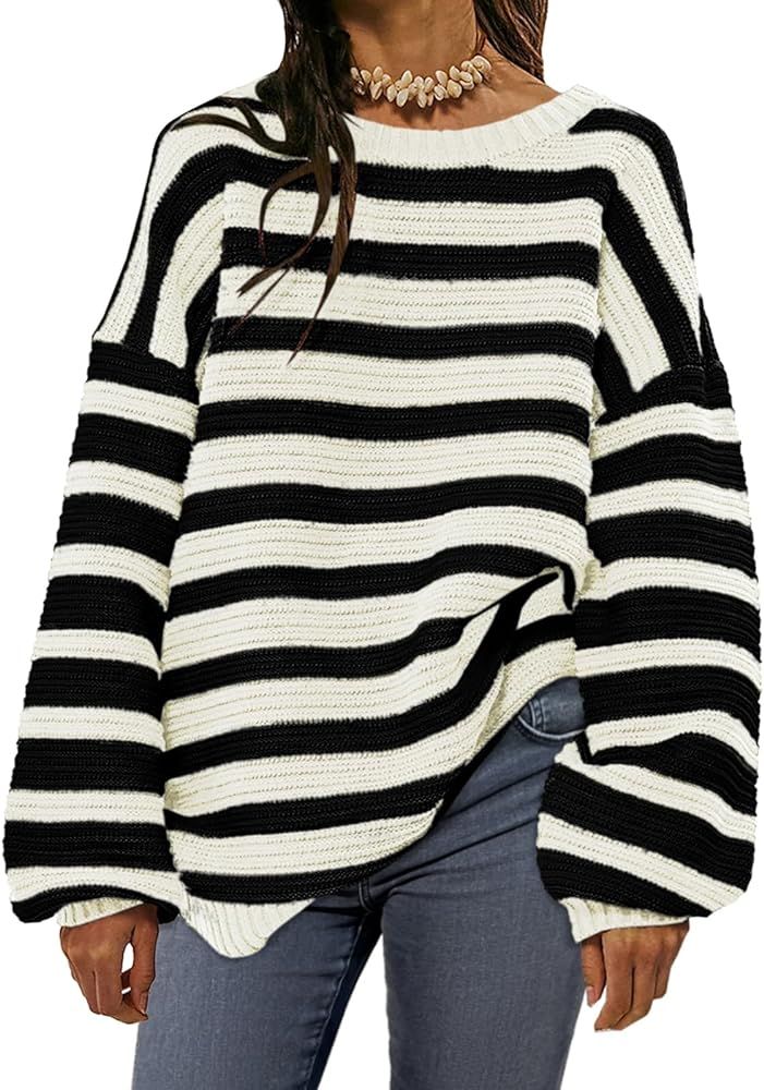 Saodimallsu Womens Striped Oversized Sweater Fall Slouchy Long Sleeve Ribbed Knit Pullover Sweate... | Amazon (US)