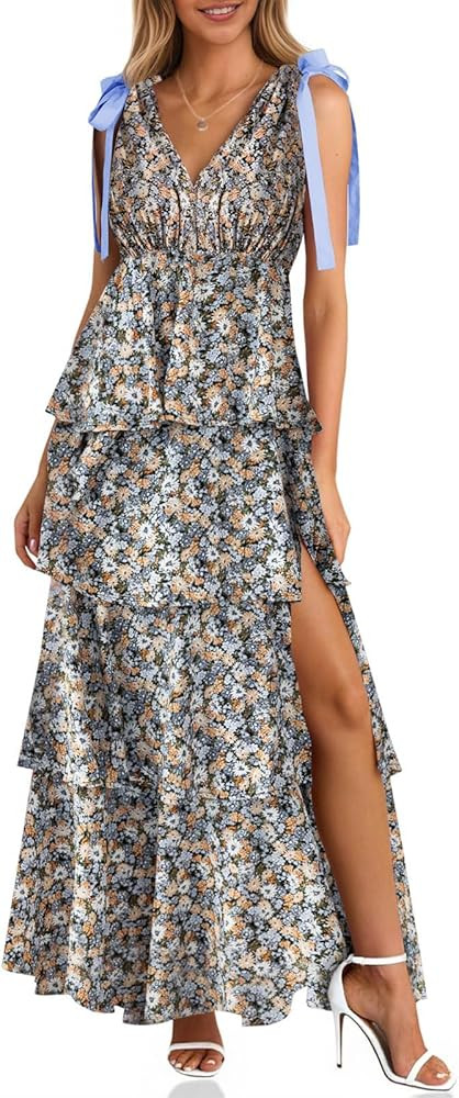 Wenrine Womens Summer Floral Maxi Dress Tie Strap Sleeveless V Neck High Slit Boho Ruffle Tiered ... | Amazon (US)