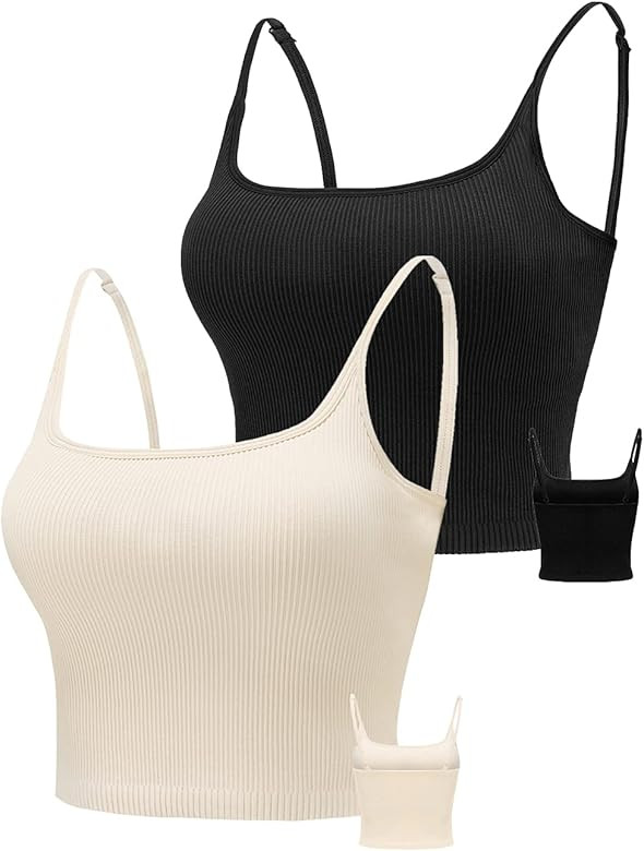 KIKIWING Cropped Tank Top Longline Bralette Sports Bra Tank Top 2 Pack Brami Tops Ribbed Crop Top... | Amazon (US)