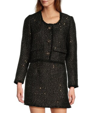 London Tweed Long Sleeve Round Neck Coordinating Cropped Jacket | Dillard's