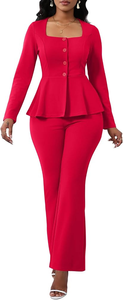 Ekaliy Women's 2 Piece Pants Suit Long Sleeve Blazer Flare Pant Set Casual Office Work Outfits | Amazon (US)