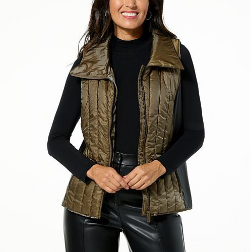 Curations x Nicole Hickl Quilted Puffer Vest with Faux Leather Detail - Green - Size X-Small | HSN
