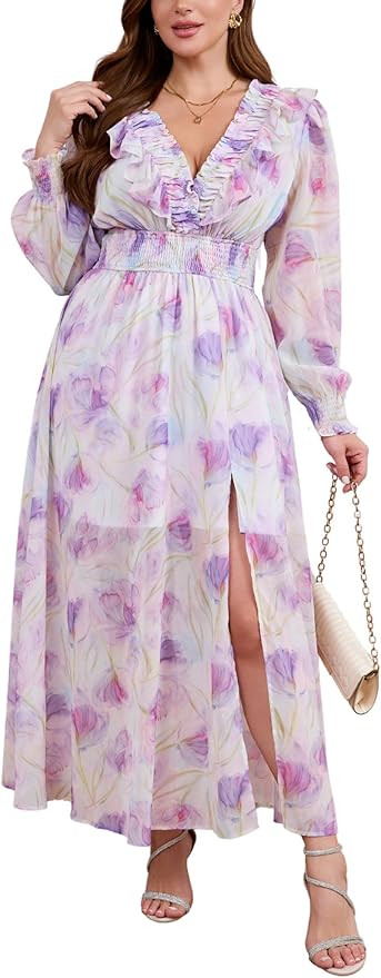 Wedding Guest Dress - V Neck Floral Long Sleeve with Slit, Flowy Chiffon for Curvy Women (M-3XL) | Amazon (US)