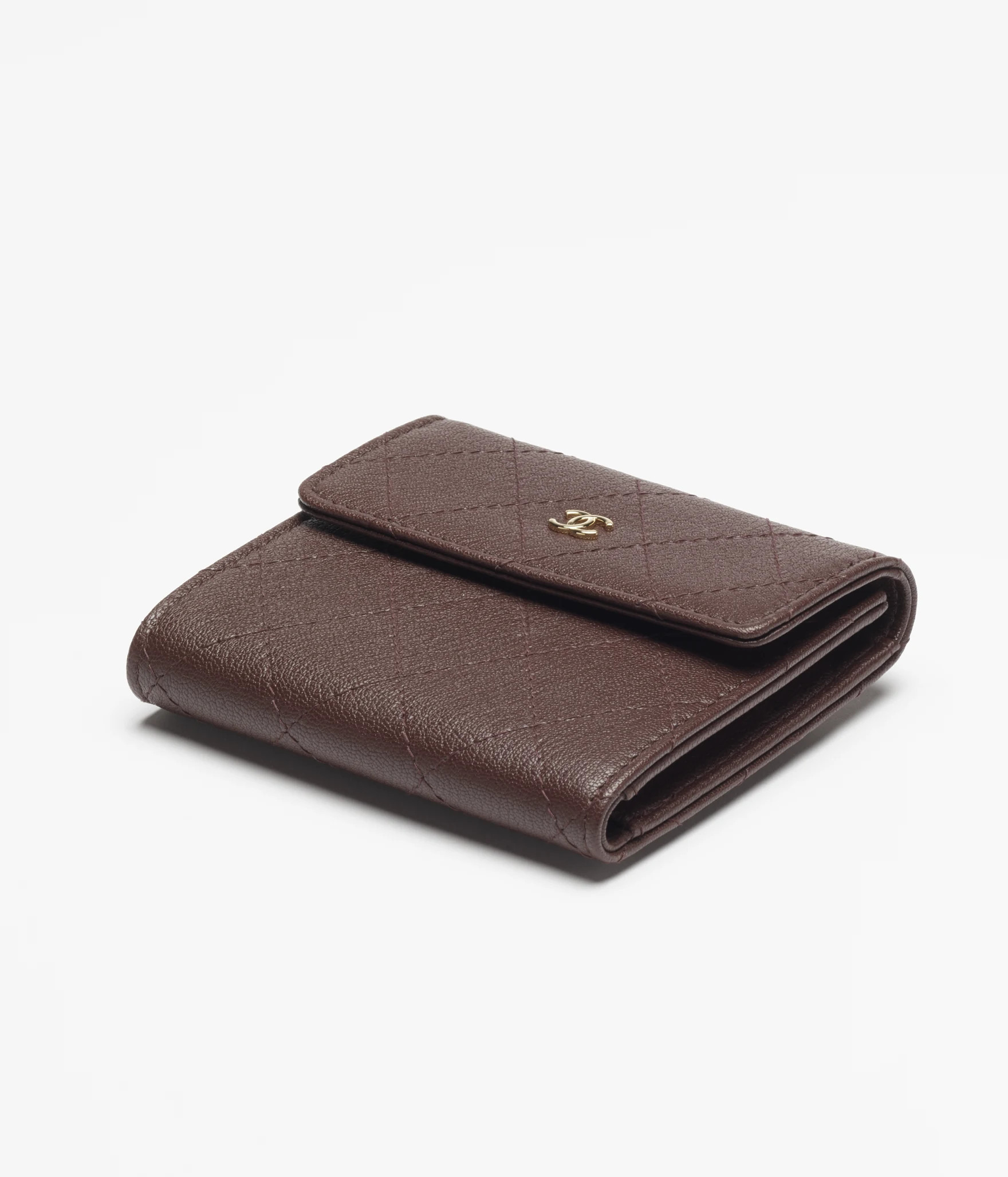Small flap wallet - Grained goatskin & gold-tone metal, dark brown — Fashion | CHANEL | Chanel, Inc. (US)