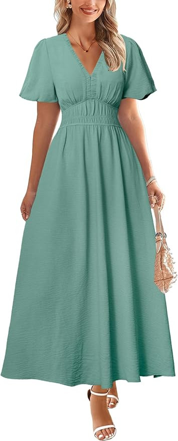 Simplee Women's Summer Flowy Midi Dress Casual V Neck Short Sleeve Empire Waist Boho Beach Dress ... | Amazon (US)