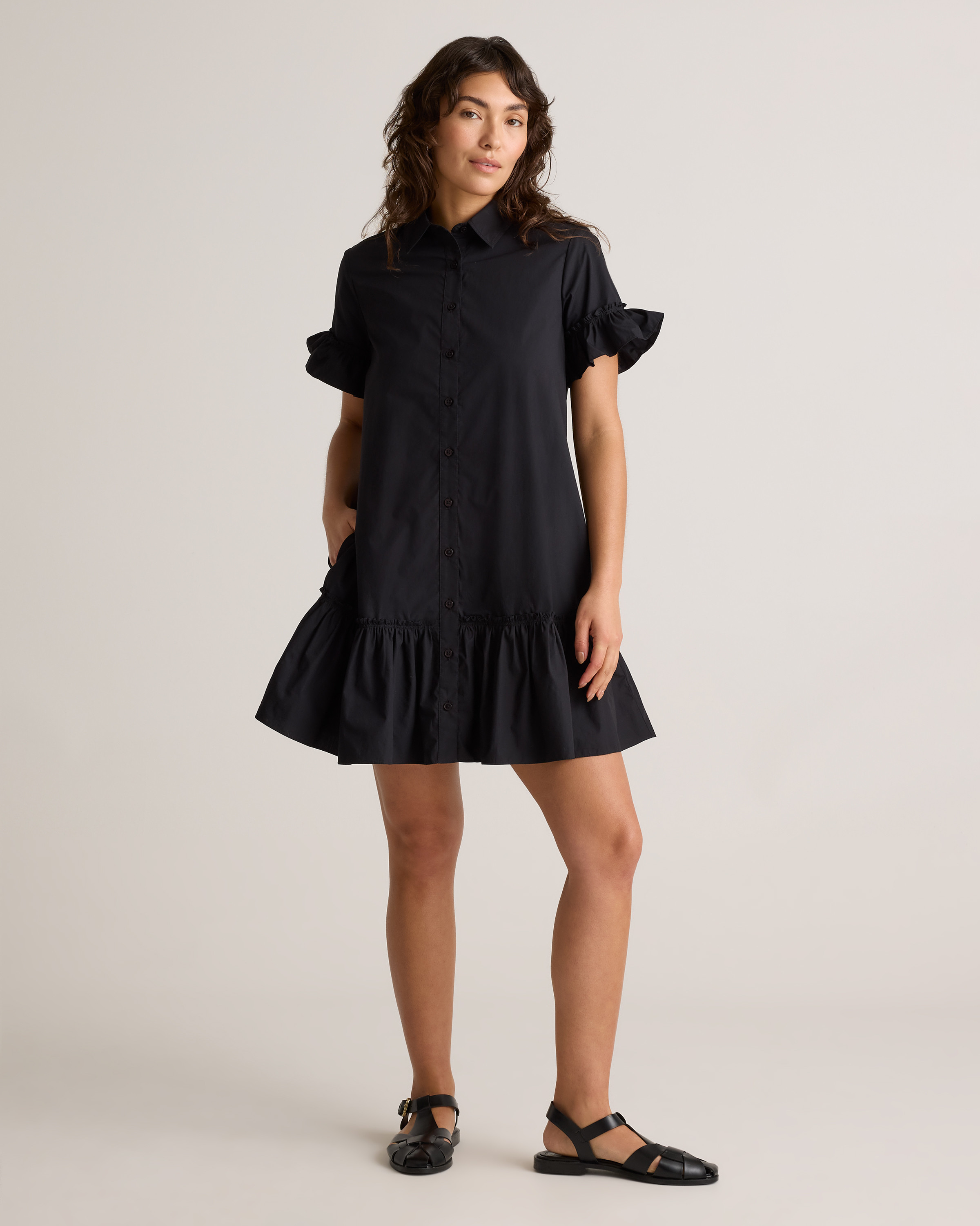 Quince | Women's Poplin Short Sleeve Ruffle Shirt Dress in Black, Size Large, Organic Cotton | Quince
