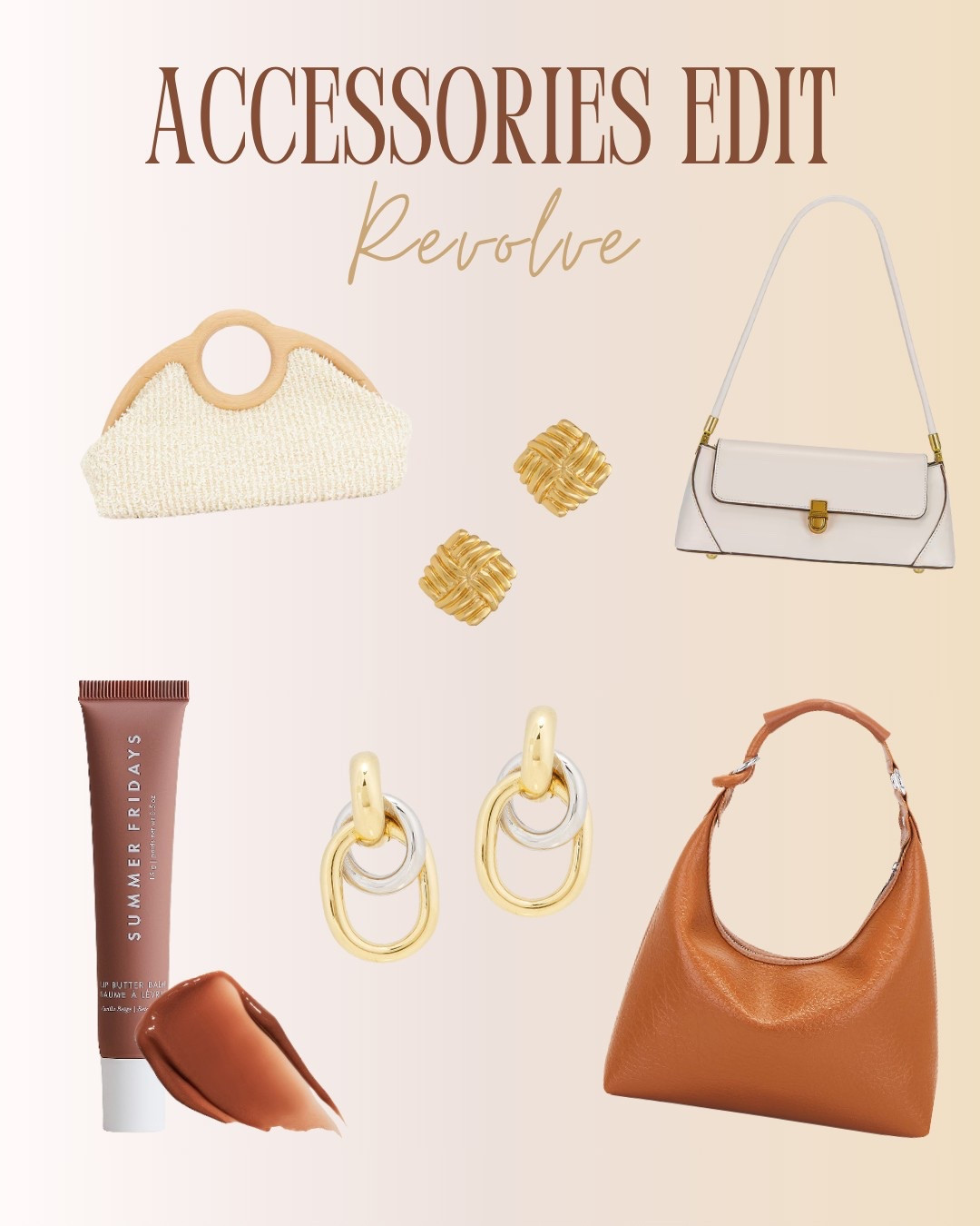 This Revolve accessories edit is filled with must-have neutrals and luxe gold accents—perfect for elevating your spring and summer outfits. From woven statement bags and structured leather shoulder purses to chunky gold and two-tone earrings, these pieces offer timeless versatility. Plus, the Summer Fridays lip butter balm adds the perfect glossy finish to complete your everyday LTK beauty look.

#LTKTravel #LTKFindsUnder100 #LTKStyleTip