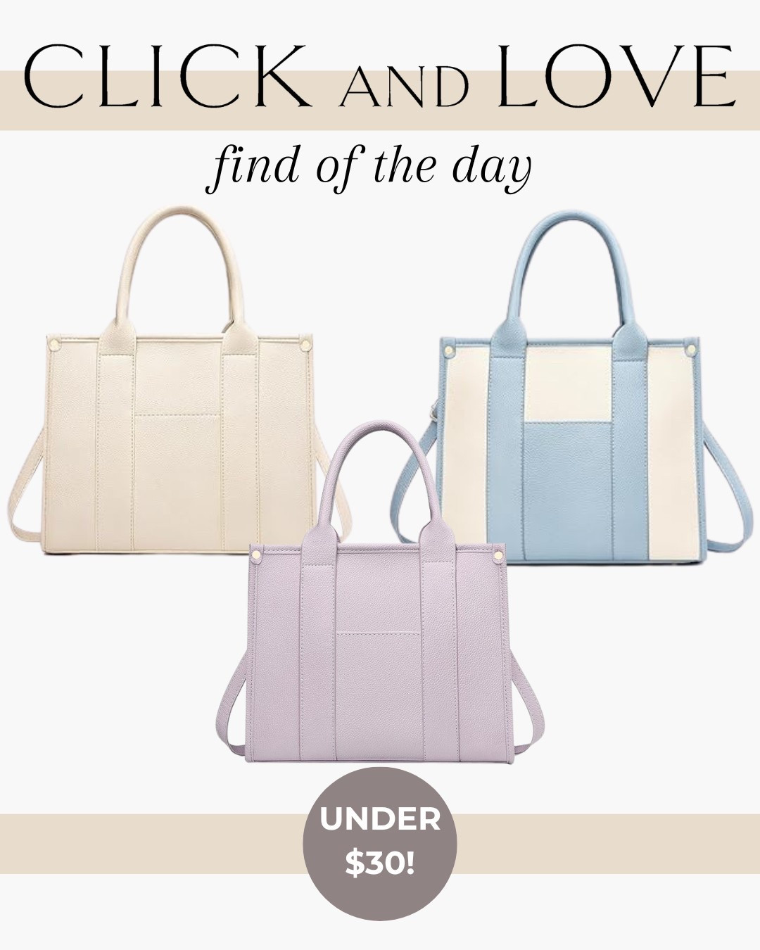 I am crushing over this under $30 tote bag for spring! It’s available in 26 different colors, but I’m loving this color palette as we get into the brighter season. Currently a coupon available to clip as well!

Tote, handbag, purse, work bag, date night, mom bag, crossbody bag, small tote, gift idea, gift for her, Easter purse, amazon find, Amazon deals, sale alert, top handle tote, shoulder bag, Easter edit, spring edit, capsule wardrobe, closet essential, mom on the go, women’s fashion, affordable fashion, budget friendly find, accessories, outfit maker, pastel handbag, carpool chic #amazon #amazonfashion

#LTKFindsUnder50 #LTKSeasonal #LTKStyleTip