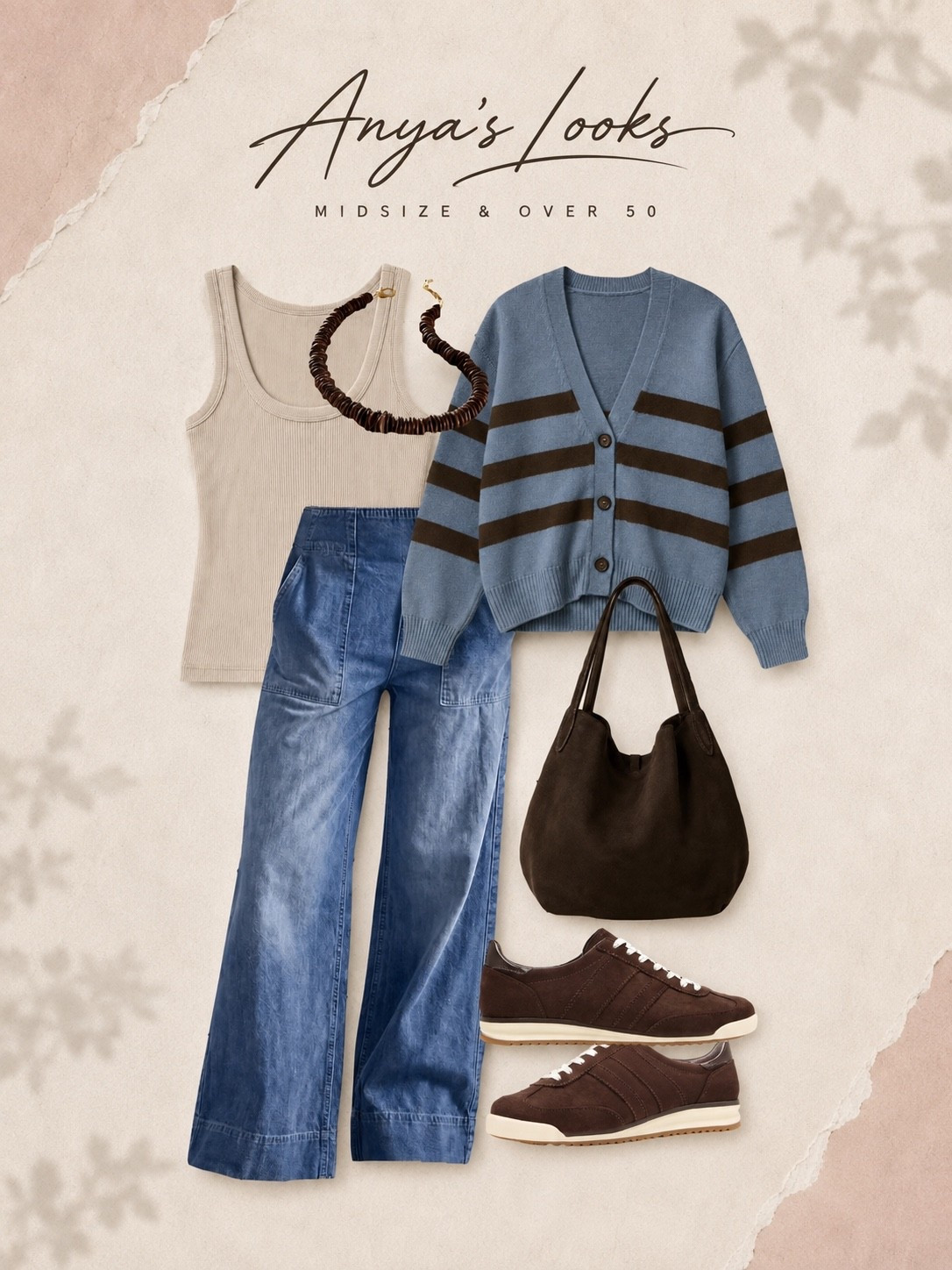 Easy Layers in Blue & Brown

A comfortable everyday outfit with an elevated color combination. This soft blue-and-brown striped cardigan layers beautifully over a neutral ribbed tank and relaxed wide-leg jeans. Brown sneakers, a slouchy tote, and a statement necklace complete this easy midsize look for women over 50.
Pullon jeans wide leg jeans Boden Madewell