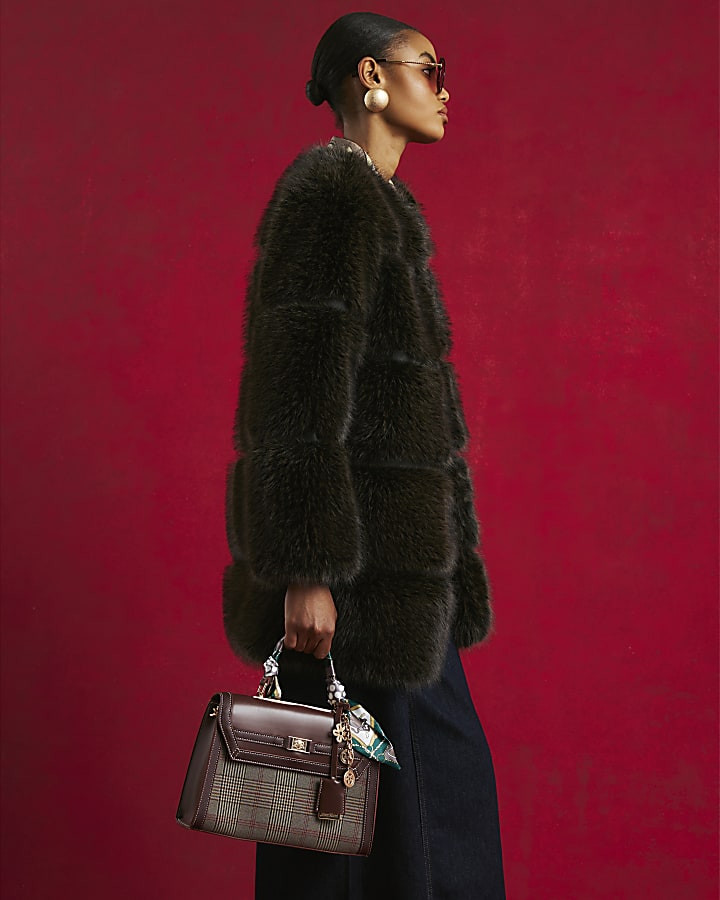 Brown Faux Fur Panelled Coat | River Island UK & IE