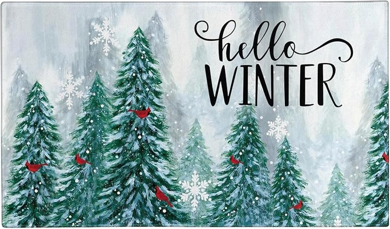 Hello Winter Door Mat Outdoor for Front Door,Pine Trees Snowy Forest Red Cardinal Birds Welcome D... | Amazon (US)