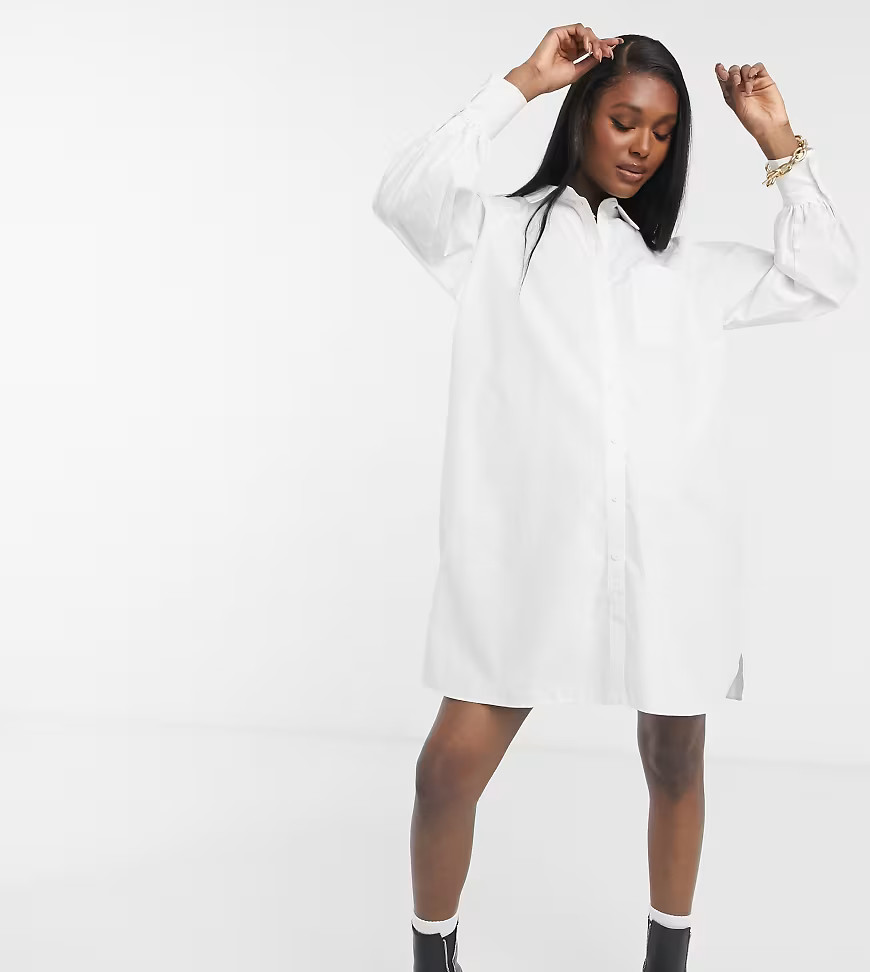 ASOS DESIGN Maternity cotton poplin oversized boyfriend mini shirt dress in white | ASOS (Global)