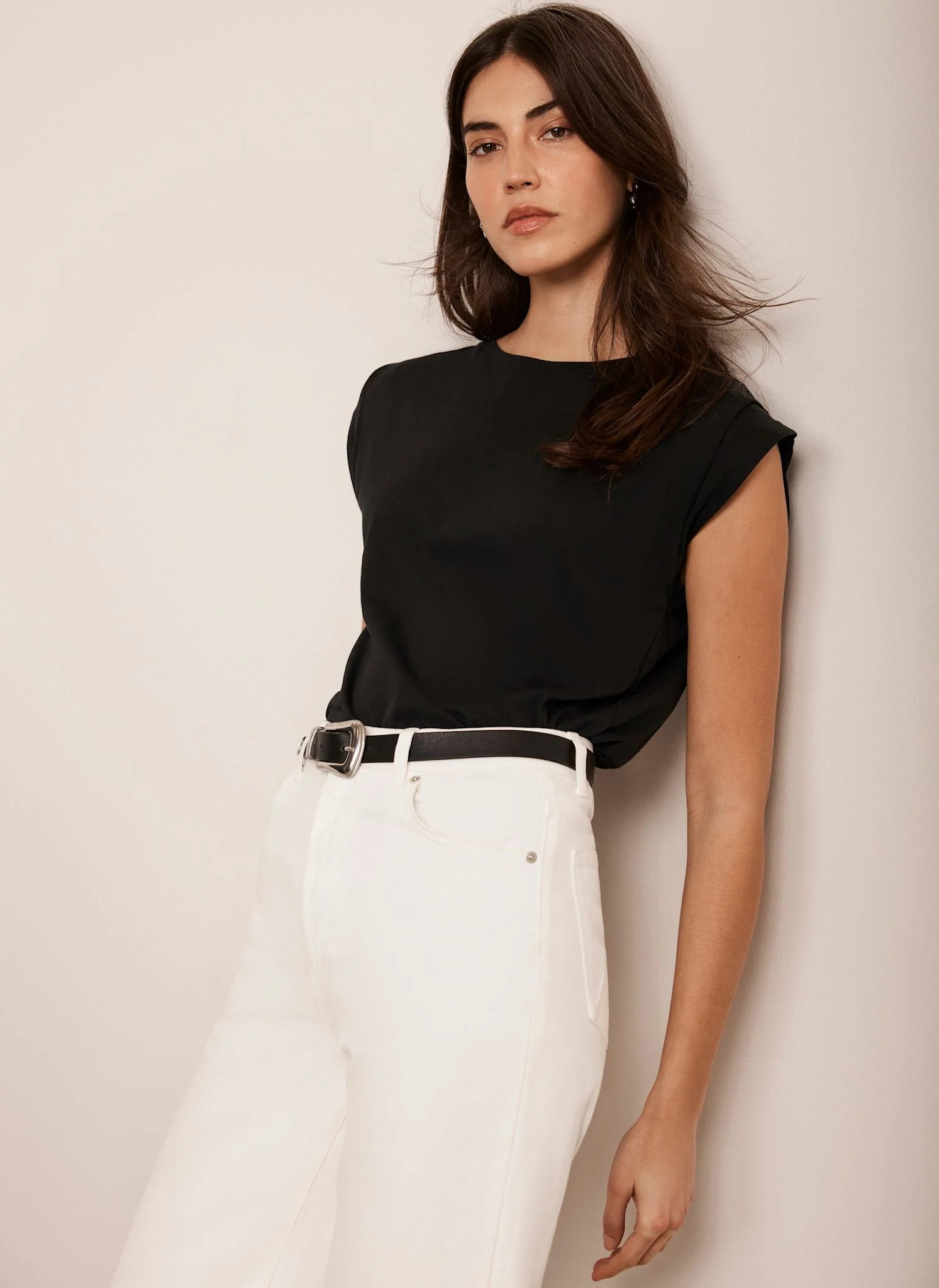 Black Cotton Extended Shoulder T-Shirt | Mint Velvet