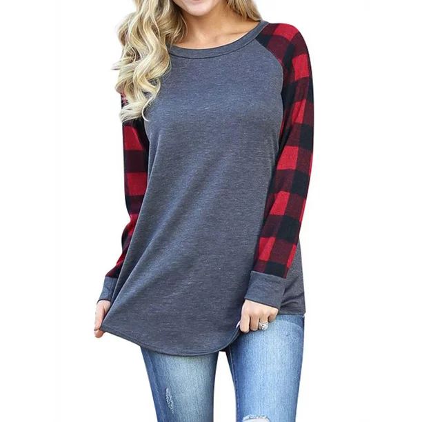 Women Round Neck Long Sleeve Splicing Plaid Top - Walmart.com | Walmart (US)