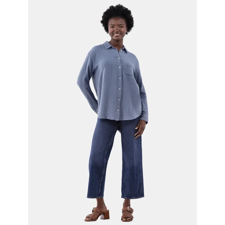 Time and Tru Women's Double Cloth Cotton Shirt, Sizes S-XXXL | Walmart (US)