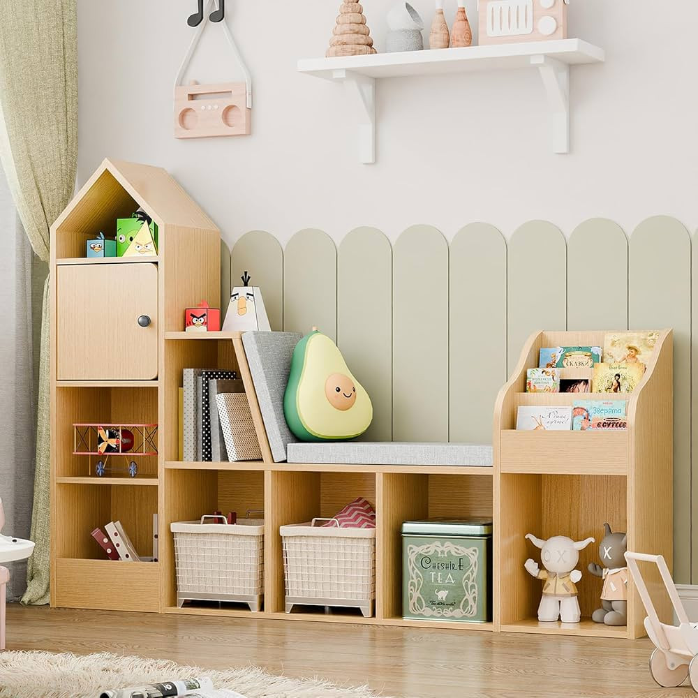 Kids Reading Nook with Bench - Bookshelf & Bookcase with Seat Cushion, 7 Opening Storage Cubbies,... | Amazon (US)