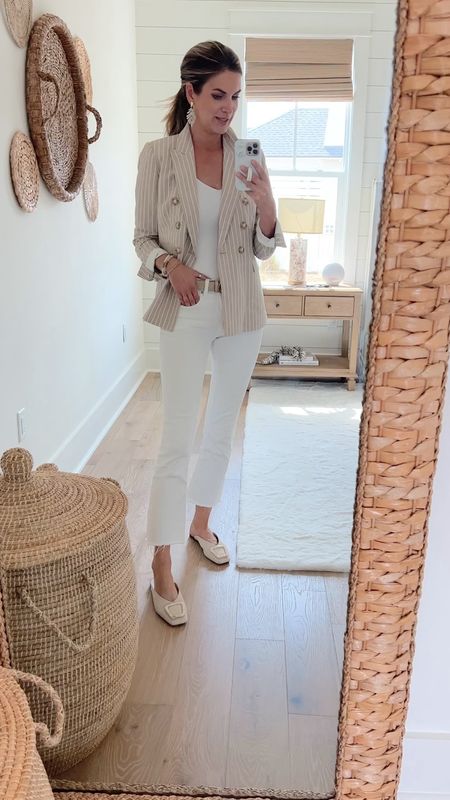 Striped blazer on sale. Sized down to zero. Xs tank. 26 long cropped white jeans.  

#LTKsalealert #LTKworkwear #LTKshoecrush