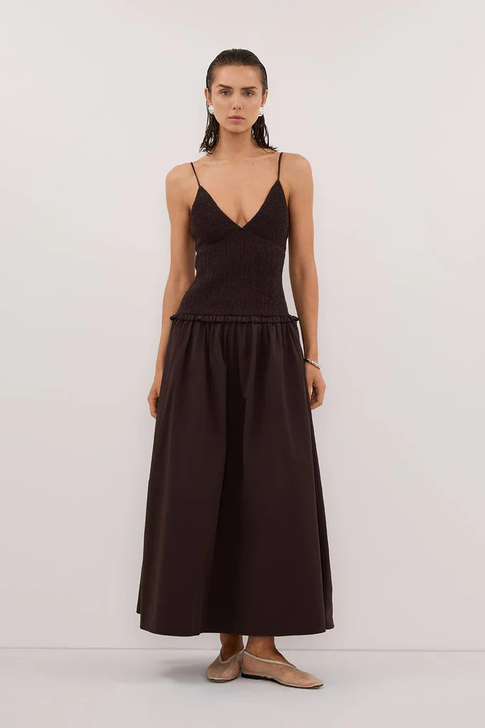 RAMONA BURNT CHOC SLEEVELESS COTTON MIDI DRESS | DISSH