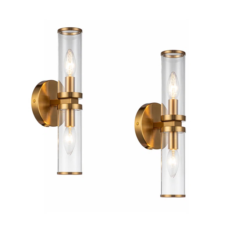 Hetty 2 Pack Modern 2-Light Brass Finish Wall Lamp 14-In Clear Glass By Ele | Wayfair North America