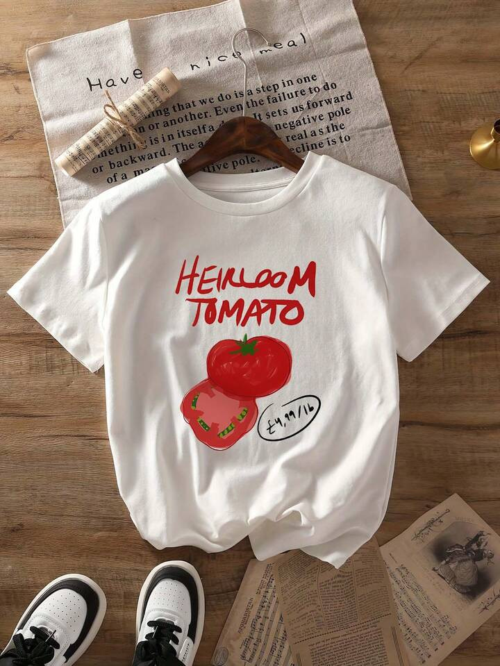 Tomato Graphic Print Summer T-Shirt, Short Sleeve Round Neck Casual Women's Top For Summer And Spring, Women's Clothing | SHEIN