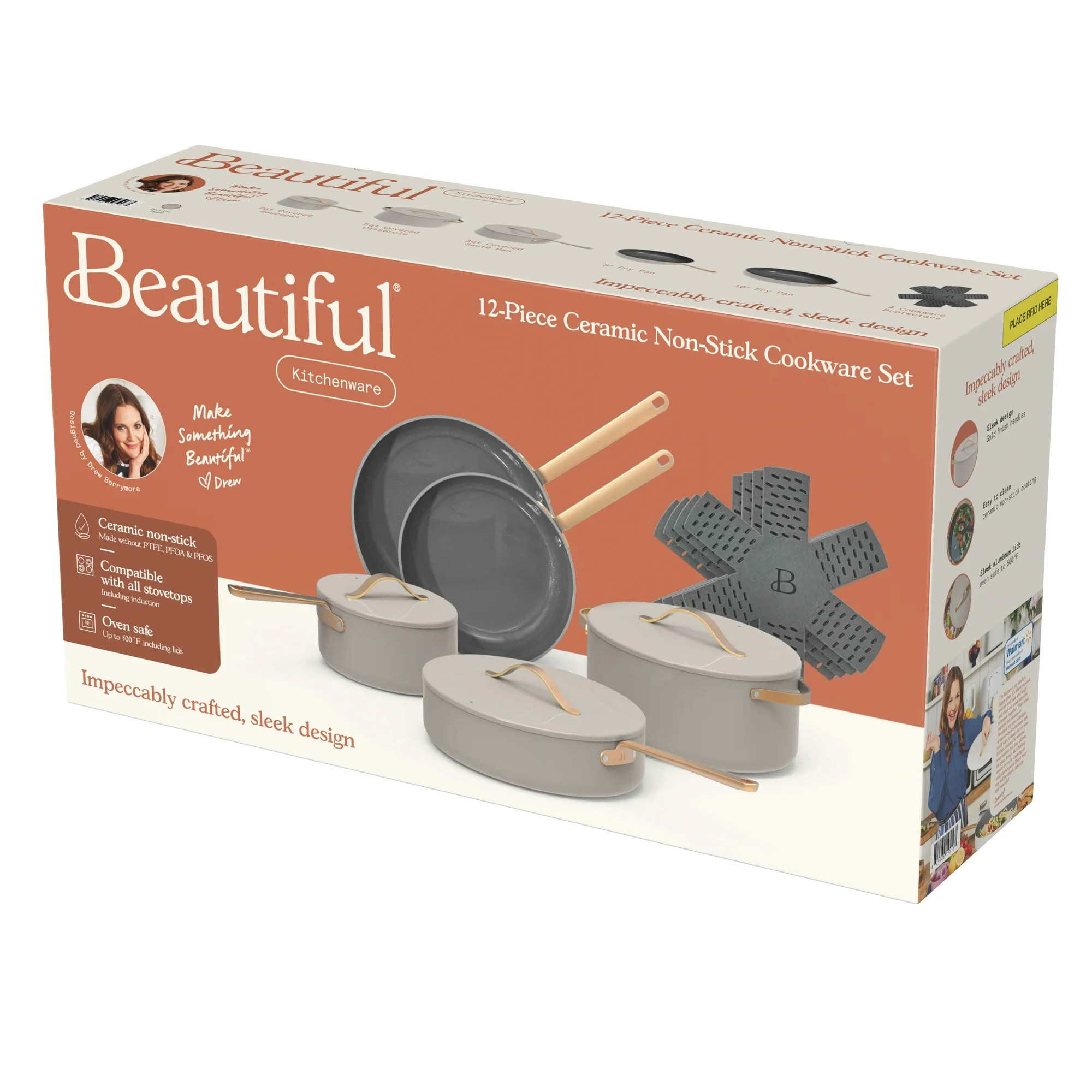 Beautiful 12pc Ceramic Non-Stick Cookware Set, Porcini Taupe by Drew Barrymore | Walmart (US)