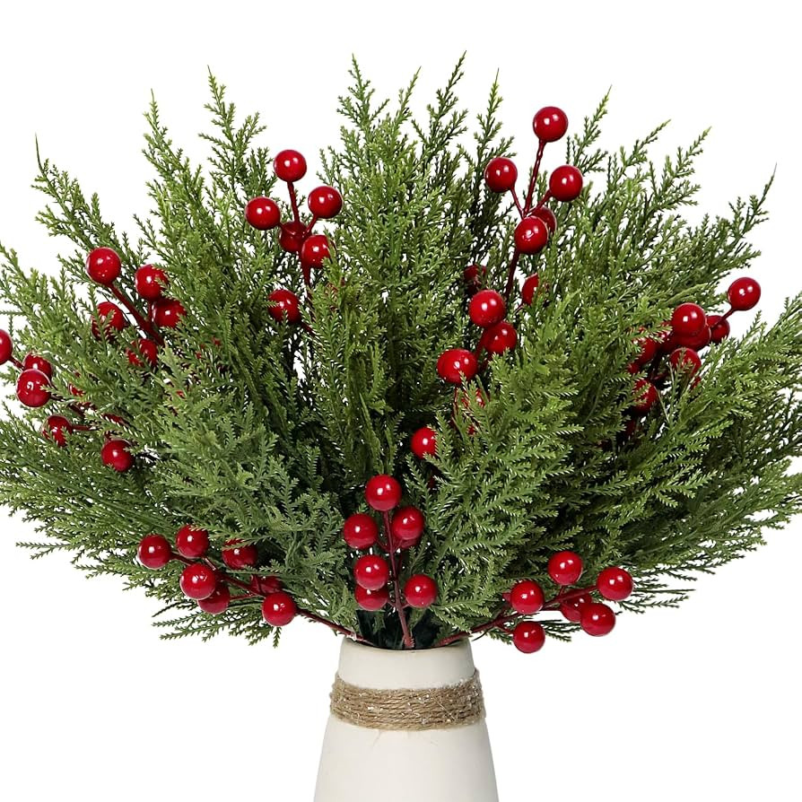 30Pcs Artificial Pine Branches with Red Berry Stems Assorted Faux Cedar Leaves Sprigs Holly Berri... | Amazon (US)