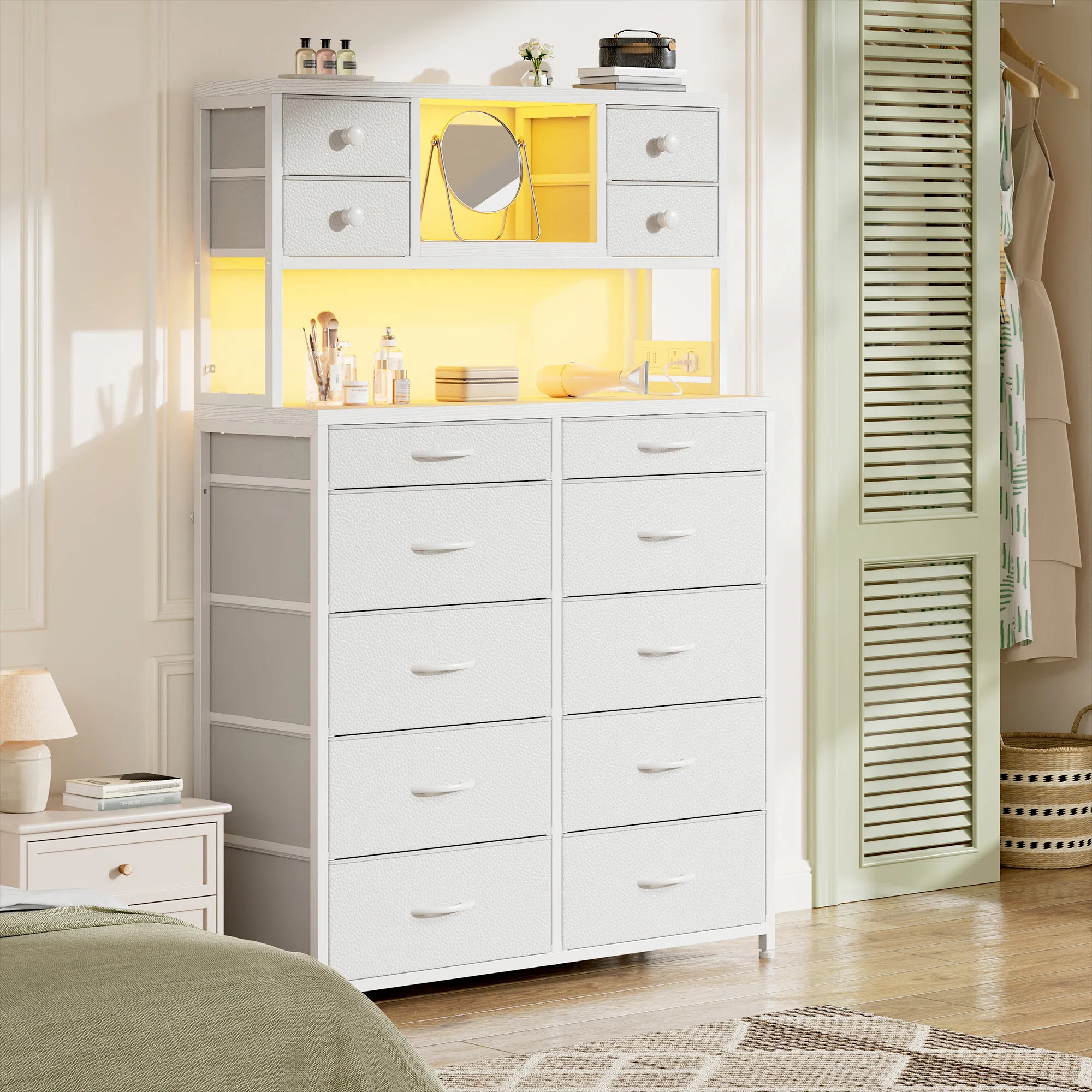 Tall Dresser For Bedroom With 14 Drawers, 3 Open Shelves, Led Light And Power Outlet | Wayfair North America