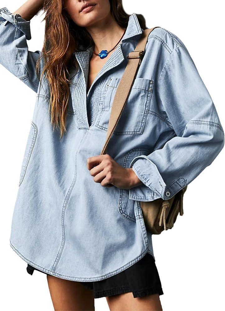 Fazortev Women's Denim Pullover Casual Button V Neck Blouse Loose Fit Long Sleeve Jean Jacket wit... | Amazon (US)