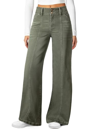 Sidefeel Womens Wide Leg High Waisted Stretchy Denim Pants, Green, Size 0 | Amazon (US)