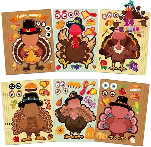 24Sheet Make-a-Turkey Stickers Thanksgiving Party Favors Supplies Stickers for Kids Turkey Games ... | Amazon (US)