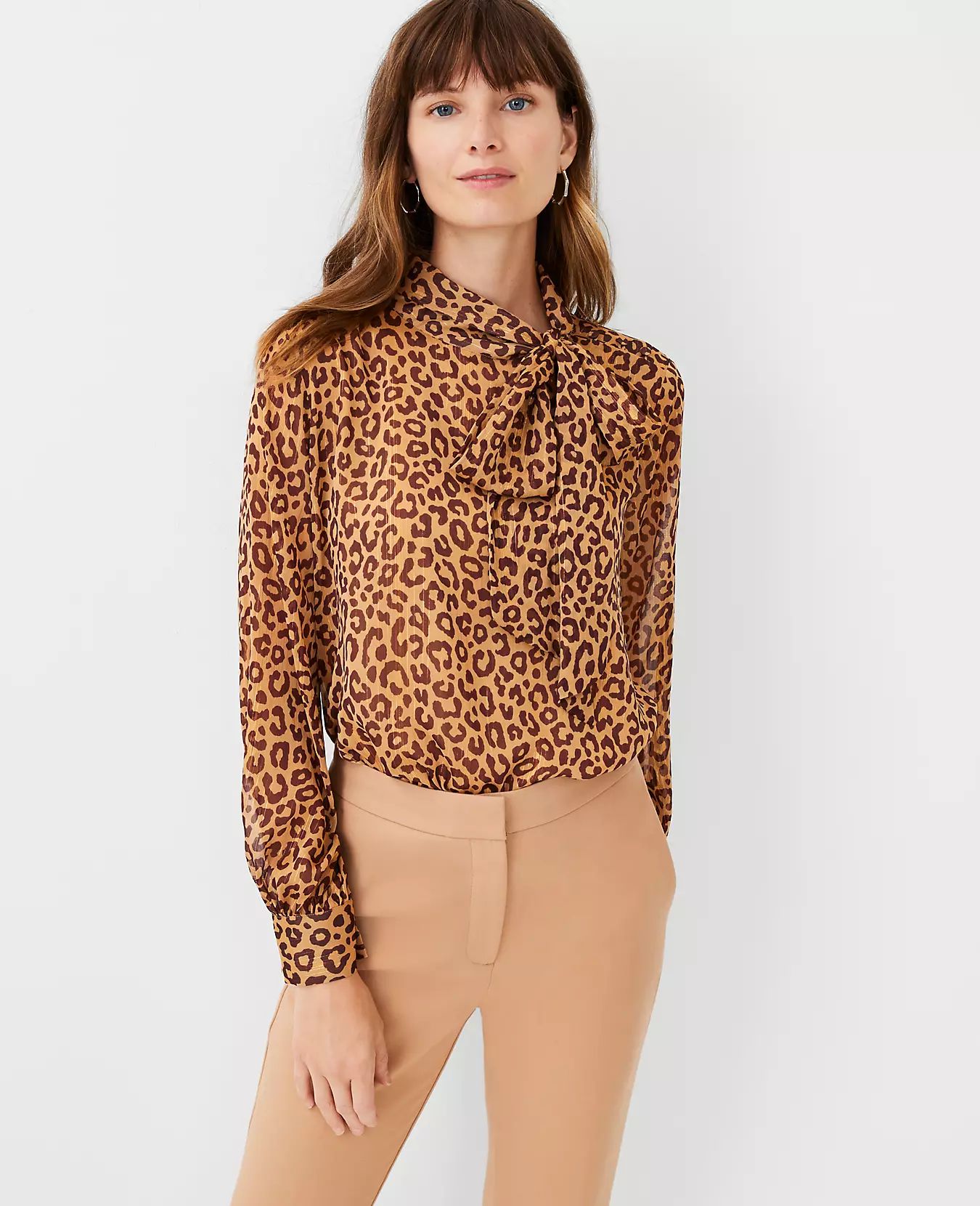 Petite Shimmer Leopard Print Bow Blouse | Ann Taylor (US)