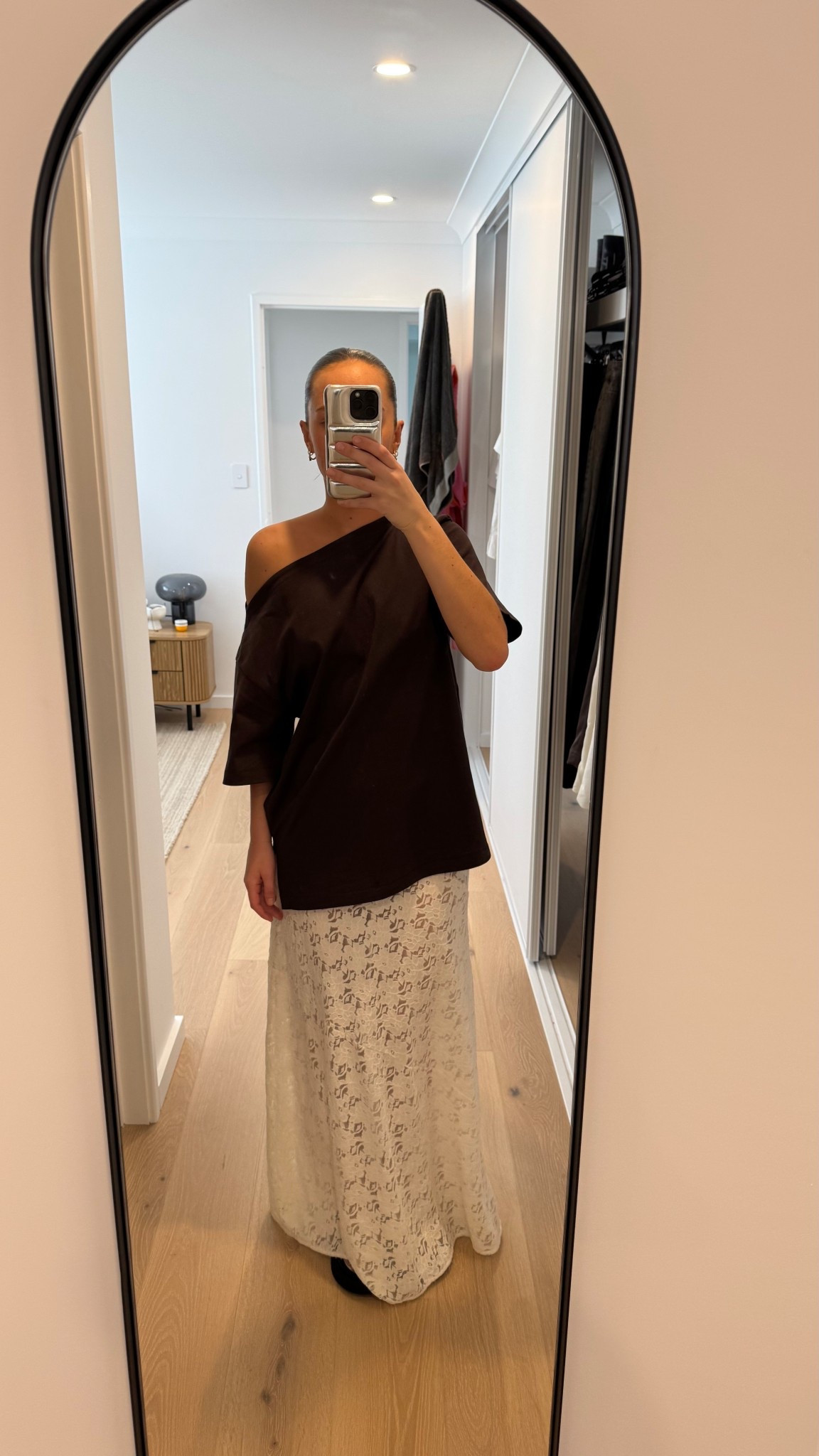 Effortless neutrals 🤍 Off-shoulder top (XS) paired with a lace maxi skirt (M) — chic & minimal for any occasion.