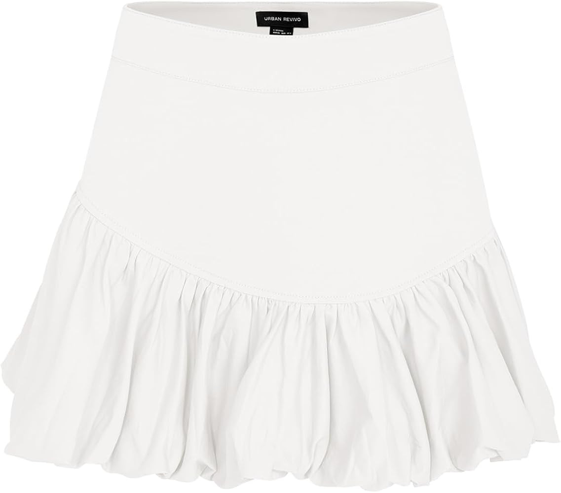 Women Bubble Mini Skirt Elastic High Waist Ruffle Hem Summer Puffy A-Line Pleated Skirt | Amazon (US)