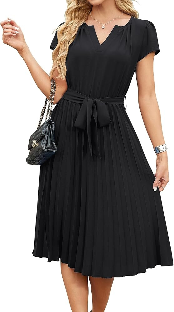 ECOWISH Womens Casual Midi Dresses Solid V Neck Short Sleeve Button Shirt Belted Dress with Pocke... | Amazon (US)