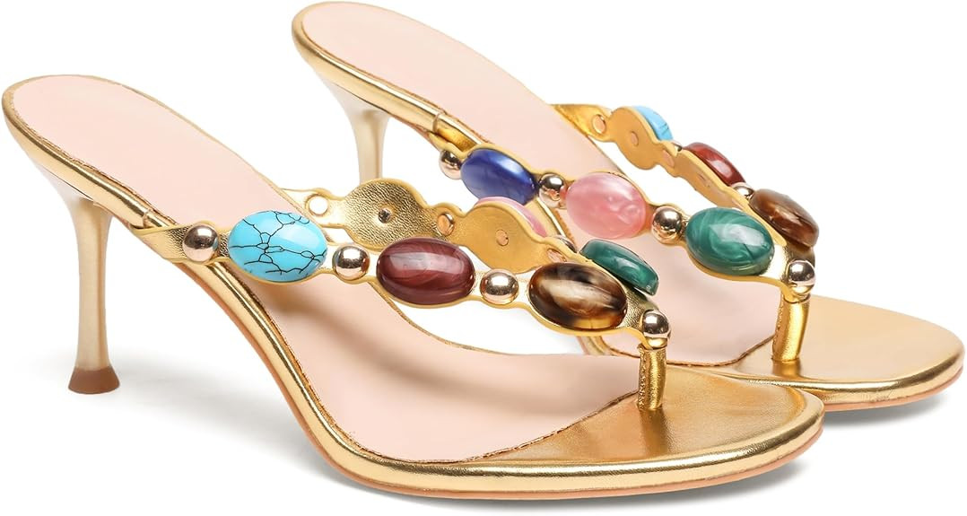 Women's Jeweled Thong Strappy Sandal Summer Mules Kitten Heels Flip Flop Round Open Toe Mid Heels... | Amazon (US)