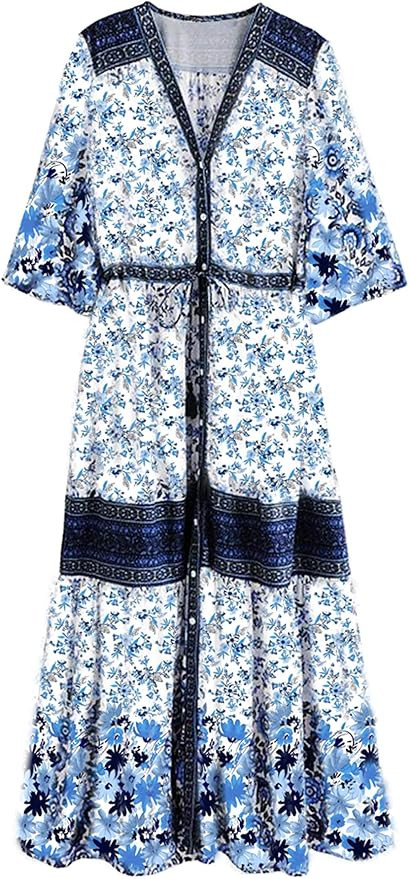 R.Vivimos Women Summer Cotton V Neck Buttons Floral Print Drawstring Bohemian Maxi Dresses | Amazon (US)