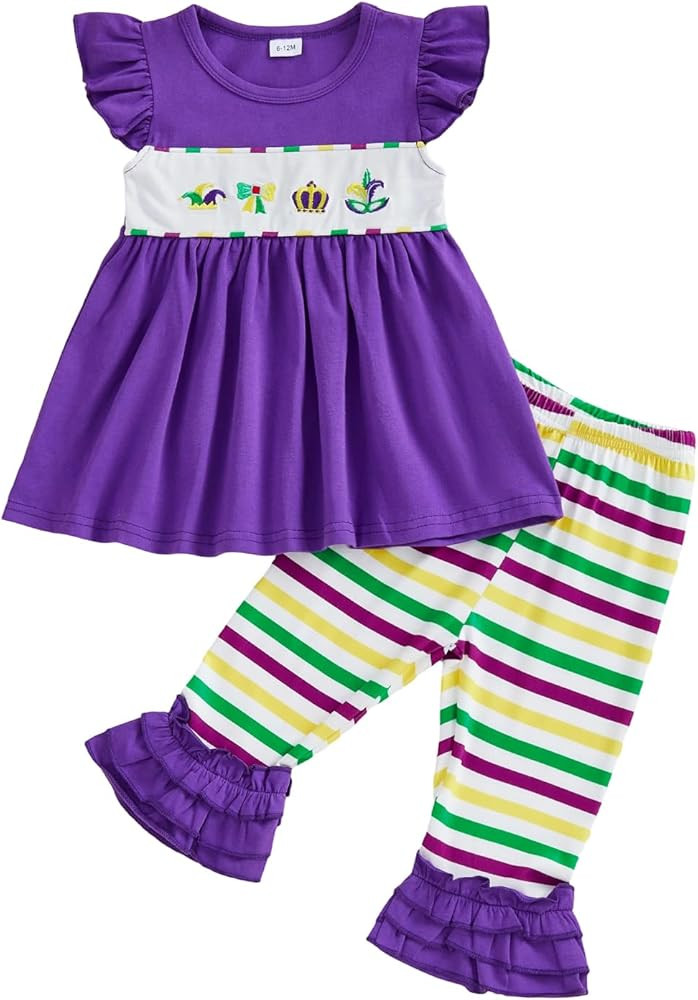 Toddler Girl Mardi Gras Outfit Embroidery Ruffle Flutter Sleeve Tunic Dress Top Stripes Ruffle Pa... | Amazon (US)