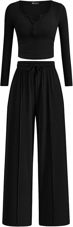 PRETTYGARDEN Women's 2026 Fall Trendy 2 Piece Outfits Lounge Sets Long Sleeve Top Henley Shirts W... | Amazon (US)