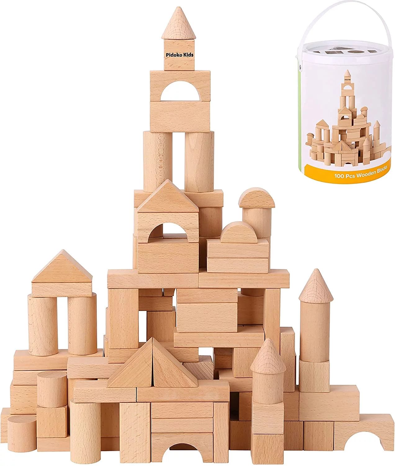 Pidoko Kids Wooden Building Blocks Set - 100 Pcs - Natural Beech Wood - Stacking Blocks with Stor... | Walmart (US)