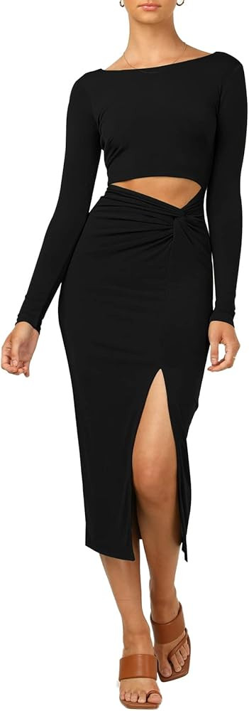 LYANER Women's Scoop Neck Cut Out Long Sleeve Split Hem Bodycon Midi Dress | Amazon (US)